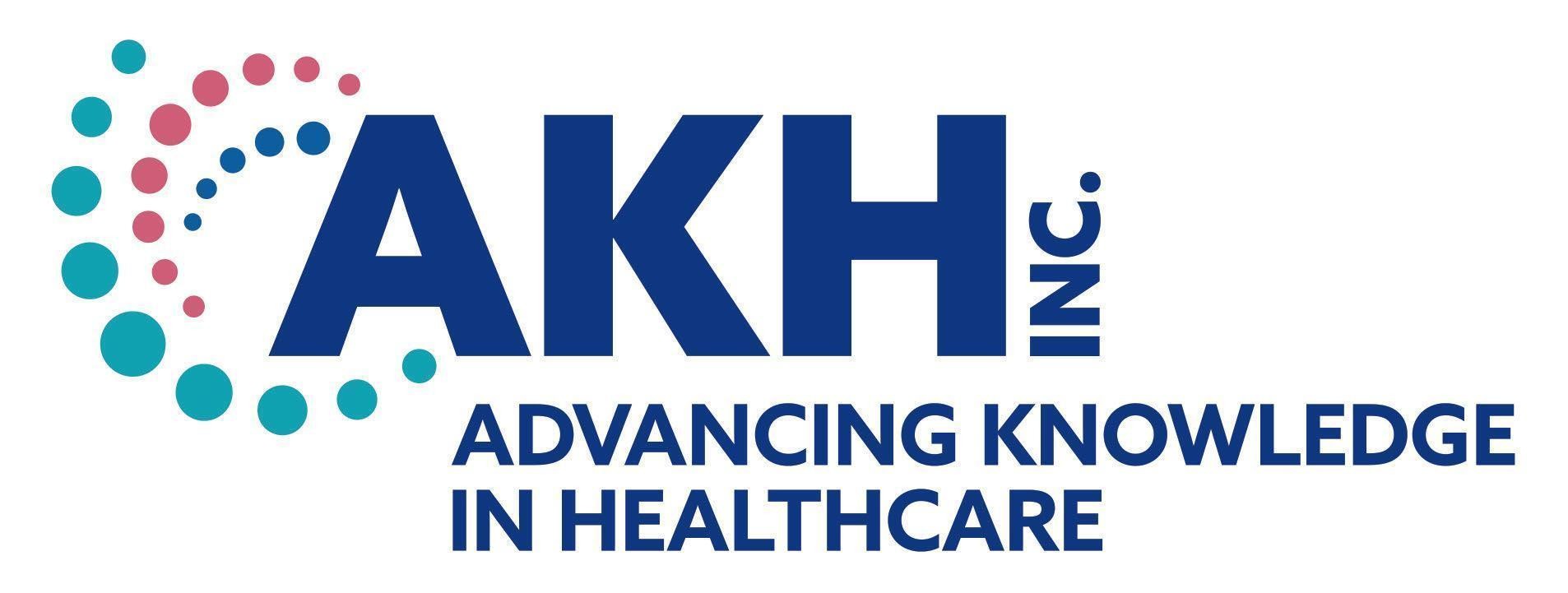 Logo of AKH Inc. featuring the text "ADVANCING KNOWLEDGE IN HEALTHCARE" with colorful circular designs.